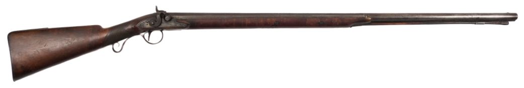 A 19th century single barrel sporting gun:, the 38 inch two stage barrel with ram rod beneath,