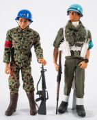Two Action Man Figures flock hair figures in UN uniform:,