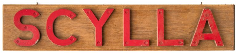 The ship's stern letters from the Royal Navy Leander-class frigate HMS Scylla (F71),