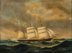 German School- Three masted trader in heavy seas,