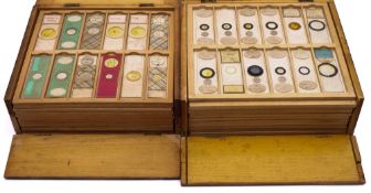 A collection of prepared microscope slides in two pine cases:, biological,