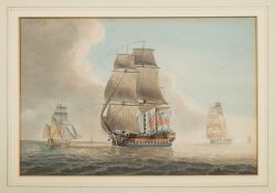 Circle of Samuel Owen [1768-1857]- British Man-o-War and other shipping in a calm,:- watercolour 12.