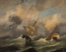 Dutch School- Coastal sailing ships and steamer in rough seas,