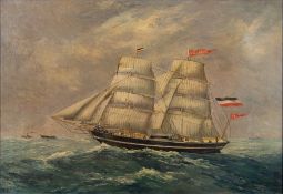 English School- Elizabeth, a two master trading ship off shore,:- oil on canvas 55 x 80cm.