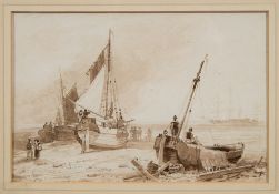 Circle of Samuel Owen [1768-1857]- Beached fishing craft and figures,