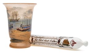 A 19th century maritime themed opaque glass rolling pin 'To the girl I love', 38cm long,