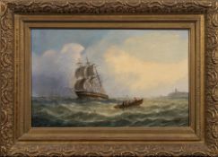 Attributed to Adolphus Knell [19th Century]- Man-o-War off a coastal town,
