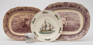 A late 19th century creamware plate with transfer decoration of a ship of the line:,