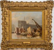 Circle of William Anderson (1757-1837) - Sailors taking-on stores in a fortified harbour,