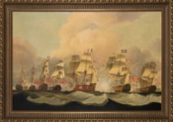 After Whitcombe- A naval battle,:- a large reproduction painting 110 x 150cm.