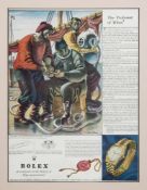 Of diving interest: a framed Rolex advert with an image of a diver preparing for a dive,