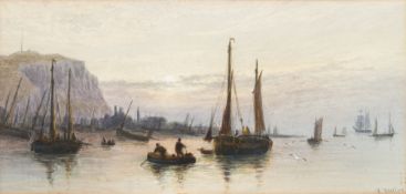 Fred Miller [19th /20th Century]- Dusk over a busy harbour scene,:- signed F Miller, watercolour,