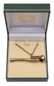 A 9ct gold bosun's whistle pendant, maker GPS, London 1979 on a 9ct chain, 14.7grams.