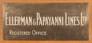 A brass office name plaque for 'Ellerman and Papyanni Lines Ltd' shipping company:,