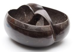 (Lodoicea) Coco du Mer, cut and polished to form a two division basket:,