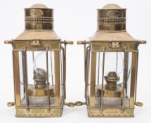 A pair of reproduction brass square lanterns:, 38cm high.