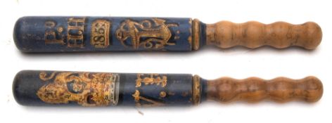 A Victorian Naval dockyard tipstave:, decorated to one side with crown and 'VR' cypher,