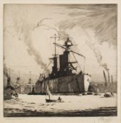 Norman Wilkinson (1878-1971) Battle Cruisier HMS Lion in Portsmouth harbour signed by artist lower