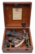 A lacquered brass 8 1/2 inch radius vernier sextant by Hughes & Son Ltd, London:, No 12350,