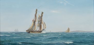 * Robin Brooks [b.1943]- A Brig of The Cruiser Class,:- signed bottom right oil on board 24 x 49.