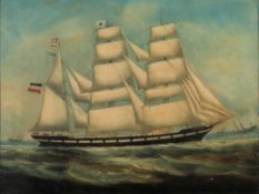 German School- The Ostersek, a three masted trader off shore:- oil on canvas 45 x 59cm.
