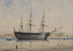 Charles Arthur Lodder [c.1842-1885]- HMS Victory,:- signed watercolour 18 x 26.5cm.