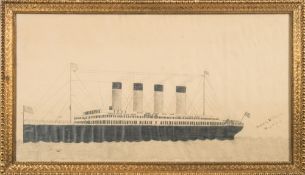 A pencil portrait drawing of RMS Olympic:, port side view,