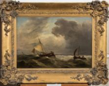 Circle of George Morland [19th Century]- Coastal craft in choppy seas,:- oil on canvas 35.5 x 52cm.