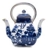 An Allen Line blue and white double spout teapot in Willow pattern by Ashworth Brothers:,
