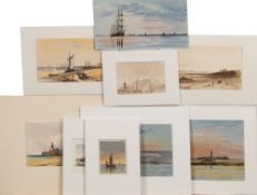 British School 19th Century- Coastal trader at low tide in a harbour,:- watercolour, 10 x 16cm,