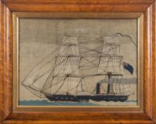 A 19th century sailor's woolwork of a side paddle steam sailing ship:,