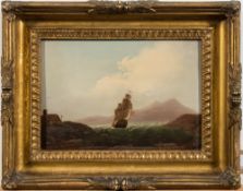 British School 19th Century- A coastal scene, possibly Irish, a naval ship beating across a sound,