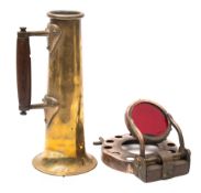 A copper and brass diving helmet welding mask:, unsigned with red filter, 15cm diameter,