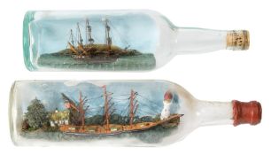 Two early 20th century ships in bottles:, one of a three masted clipper passing a lighthouse,