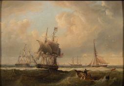 Circle of Thomas Whitcombe [1752-1824]- Coastal craft in choppy seas,:- oil on panel 23 x 33cm.