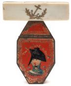 A Georgian 19ct gold inlaid ivory toothpick holder with anchor decoration and a toleware snuff box:,