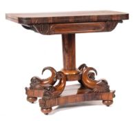 A William IV rosewood marine themed card table:, the rectangular fold over top fitted green baize,