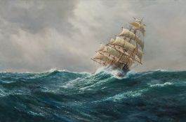 Daniel Sherrin [1868-1940]- Frigate in heavy seas,:- signed oil on canvas 59 x 90cm.
