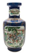 A Chinese famille verte blue ground vase: of rouleau form,
