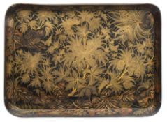 A mid 19th century papier mache tray by Clay, London: with all-over gilt foliate decoration,