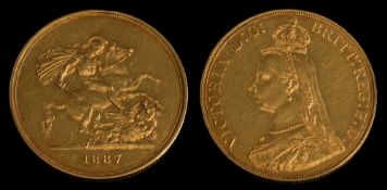A Victorian gold five pound coin dated '1887',