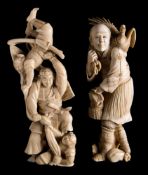 Two Japanese carved ivory okimonos: the first in the form of a group of three acrobats with one
