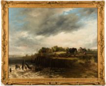Frederick Richard Lee [1798-1879]- River landscape; a logging team by a quay,