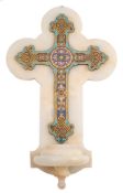 A late 19th century alabaster and champleve enamel water stoup: the cruciform backplate with