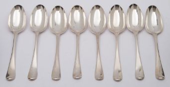 Eight Georgian silver Hanoverian pattern tablespoons, most marks worn,