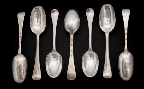 Seven George II silver Hanoverian pattern tablespoons, maker Joseph Barbut, London, 1730: crested,