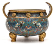 A rare Chinese cloisonné enamel and gilt-bronze tripod censer,