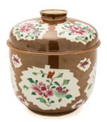 A Chinese 'Batavian' ware famille rose jar and cover: decorated with leaf shaped panels of peonies
