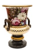 A massive early 19th century English porcelain campana vase: with 'bronzed' grotesque mask handles,