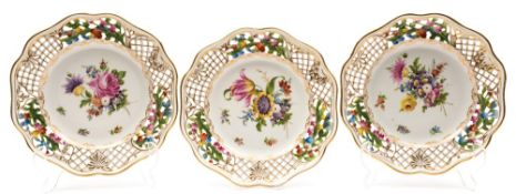 A set of six Karl Thieme Dresden porcelain plates: each with shaped and reticulated rim,